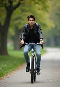 a stylish masculine  man enjoying a leisurely bike ride along a scenic path