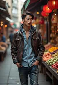 a charismatic masculine  man exploring a street market