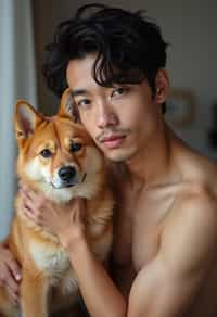 masculine  man posing with a cute pet