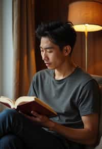 masculine  man reading a book in a cozy home environment