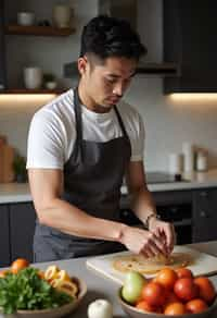 masculine  man cooking or baking in a modern kitchen