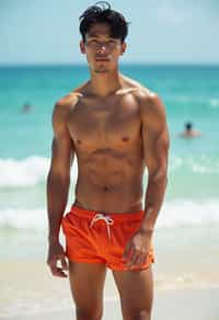 masculine  man in solid color  swim shorts on the beach, wet hair, swimsuit sports illustrated FHM maxim photos