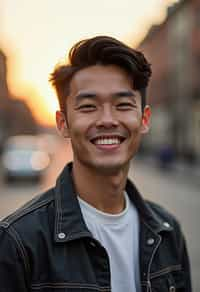 headshot of smiling man wearing casual clothes posing for dating app headshot. outdoor blurry background. the lighting is warm, possibly from a setting sun, creating a soft glow around him, enhancing the casual and relaxed vibe of the image. the setting seems to be outdoors, likely in an urban environment, with the blurred background hinting at a street or park-like area. this image likely portrays a youthful, active, and approachable individual, possibly in a lifestyle or fashion-related context.