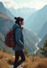 an adventurous  feminine woman hiking in the mountains