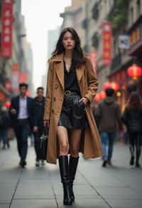 a confident  feminine woman exploring a bustling city street