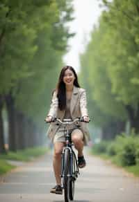 a stylish  feminine woman enjoying a leisurely bike ride along a scenic path