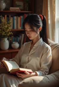 feminine woman reading a book in a cozy home environment