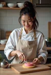 feminine woman cooking or baking in a modern kitchen