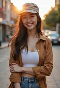 headshot of smiling woman wearing casual clothes posing for dating app headshot. outdoor blurry background. the lighting is warm, possibly from a setting sun, creating a soft glow around him, enhancing the casual and relaxed vibe of the image. the setting seems to be outdoors, likely in an urban environment, with the blurred background hinting at a street or park-like area. this image likely portrays a youthful, active, and approachable individual, possibly in a lifestyle or fashion-related context.