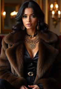 beautiful woman as a mobster, mafia, mafia outfit, faux fur coats, chunky gold jewelry, mafia aesthetic, flashy, glamorous, luxury, loud, Goodfellas, The Sopranos, Mob Wives, opulence, confidence