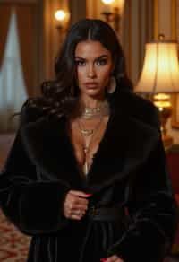 beautiful woman as a mobster, mafia, mafia outfit, faux fur coats, chunky gold jewelry, mafia aesthetic, flashy, glamorous, luxury, loud, Goodfellas, The Sopranos, Mob Wives, opulence, confidence