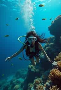 woman scuba diving in a stunning coral reef, surrounded by colorful fish