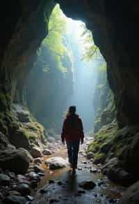 woman as individual hiking through an impressive cave system