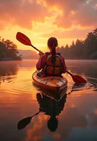 woman as explorer kayaking in a serene lake with a mesmerizing sunset backdrop