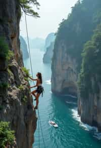 woman as adventurer rock climbing a daunting cliff with a breathtaking sea view