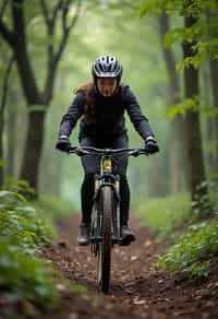 woman as individual mountain biking through a dense forest trail