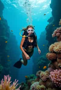 woman scuba diving in a stunning coral reef, surrounded by colorful fish