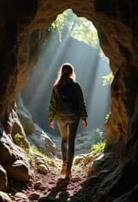 woman as individual hiking through an impressive cave system