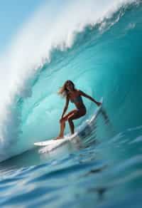 woman as individual surfing a massive wave in a clear, blue ocean