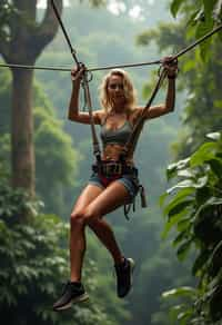 woman zip-lining through a tropical rainforest canopy