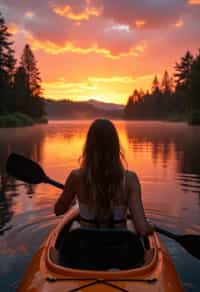 woman as explorer kayaking in a serene lake with a mesmerizing sunset backdrop