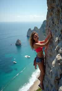 woman as adventurer rock climbing a daunting cliff with a breathtaking sea view