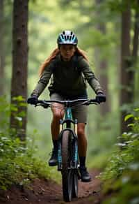 woman as individual mountain biking through a dense forest trail