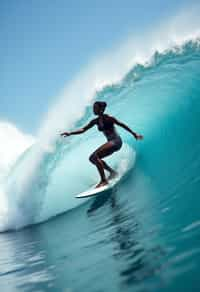 woman as individual surfing a massive wave in a clear, blue ocean