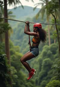 woman zip-lining through a tropical rainforest canopy