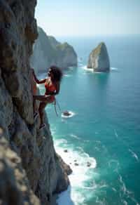 woman as adventurer rock climbing a daunting cliff with a breathtaking sea view