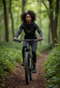 woman as individual mountain biking through a dense forest trail