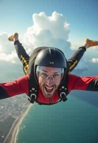 wide shot man skydiving in the air