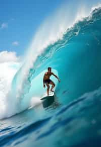 man as individual surfing a massive wave in a clear, blue ocean