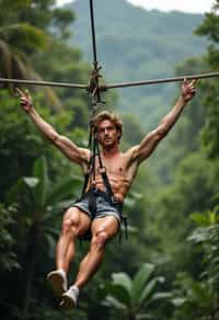 man zip-lining through a tropical rainforest canopy