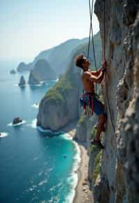 man as adventurer rock climbing a daunting cliff with a breathtaking sea view