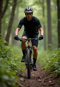 man as individual mountain biking through a dense forest trail