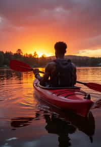 man as explorer kayaking in a serene lake with a mesmerizing sunset backdrop