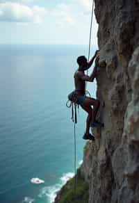 man as adventurer rock climbing a daunting cliff with a breathtaking sea view