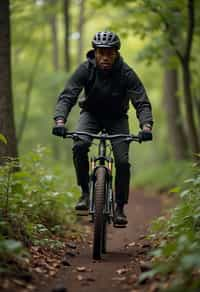 man as individual mountain biking through a dense forest trail