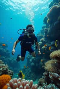 man scuba diving in a stunning coral reef, surrounded by colorful fish