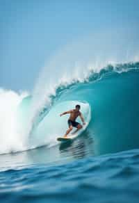 man as individual surfing a massive wave in a clear, blue ocean