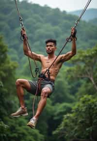 man zip-lining through a tropical rainforest canopy