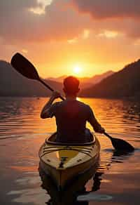 man as explorer kayaking in a serene lake with a mesmerizing sunset backdrop