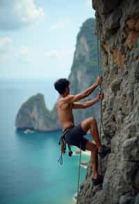 man as adventurer rock climbing a daunting cliff with a breathtaking sea view