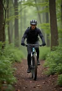 man as individual mountain biking through a dense forest trail