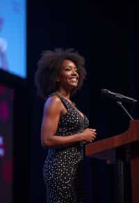 woman as a conference keynote speaker standing on stage at a conference