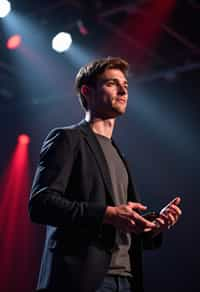 man as a conference keynote speaker standing on stage at a conference