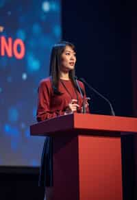 woman as a conference keynote speaker standing on stage at a conference