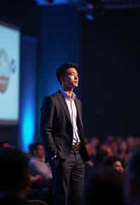 man as a conference keynote speaker standing on stage at a conference