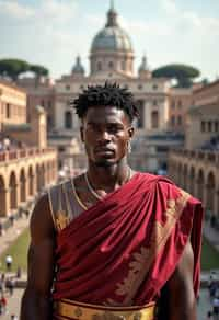 grand and historical man in Rome wearing a traditional Roman stola/toga, Colosseum in the background